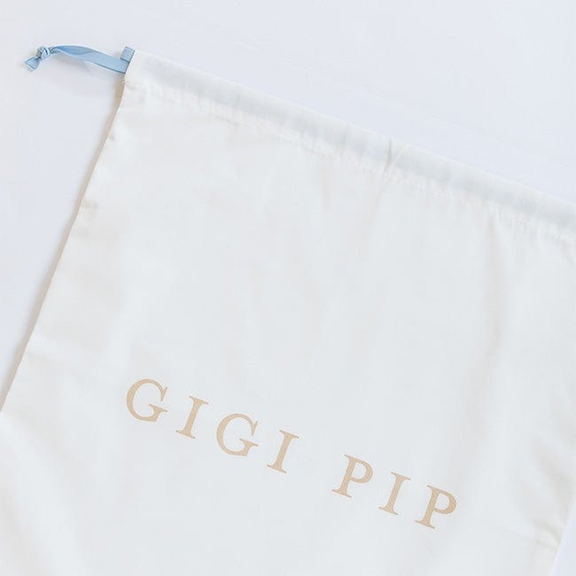 Gigi Pip hat care products - Bridal Keepsake Bag - 100% cotton duster bag for hat storage + safety with a bridal twist featuring baby blue drawstrings to secure your hat inside [white]