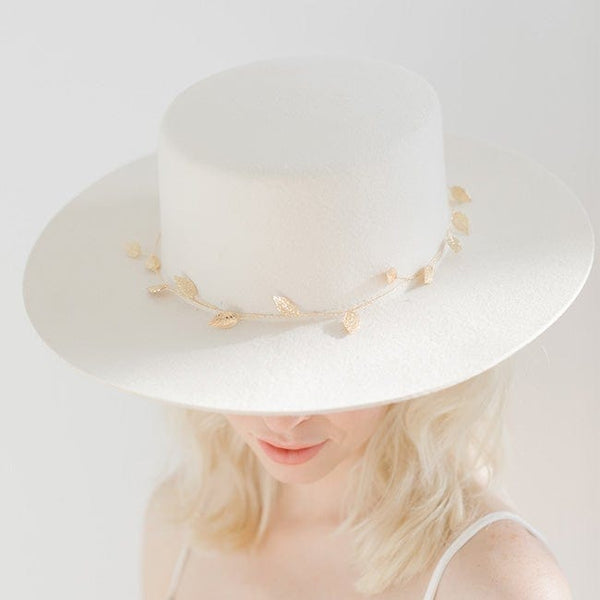 Gigi Pip hat bands + trims for women's hats - Ivy Band - a metal leaf bridal band featuring the signature Gigi Pip/xx pendant and a grosgrain ribbon to secure [gold]