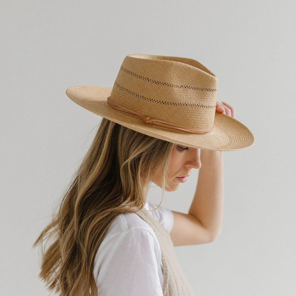Gigi Pip straw hats for women - Arlo Straw Teardrop Fedora - teardrop crown and a stiff upturned brim, featuring handwoven venting on the crown and the brim, and a hand sewn removable leather band [honey]