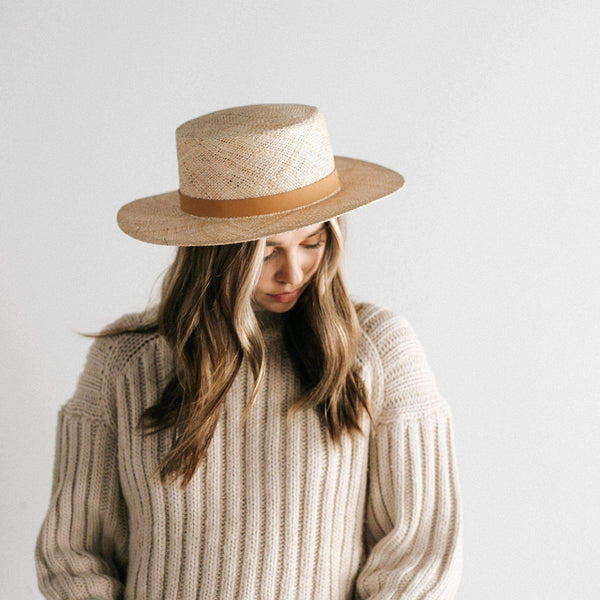 Gigi Pip straw hats for women - Brae Straw Boater - boater crown with flat brim, made with an intricate bao straw weave [natural]