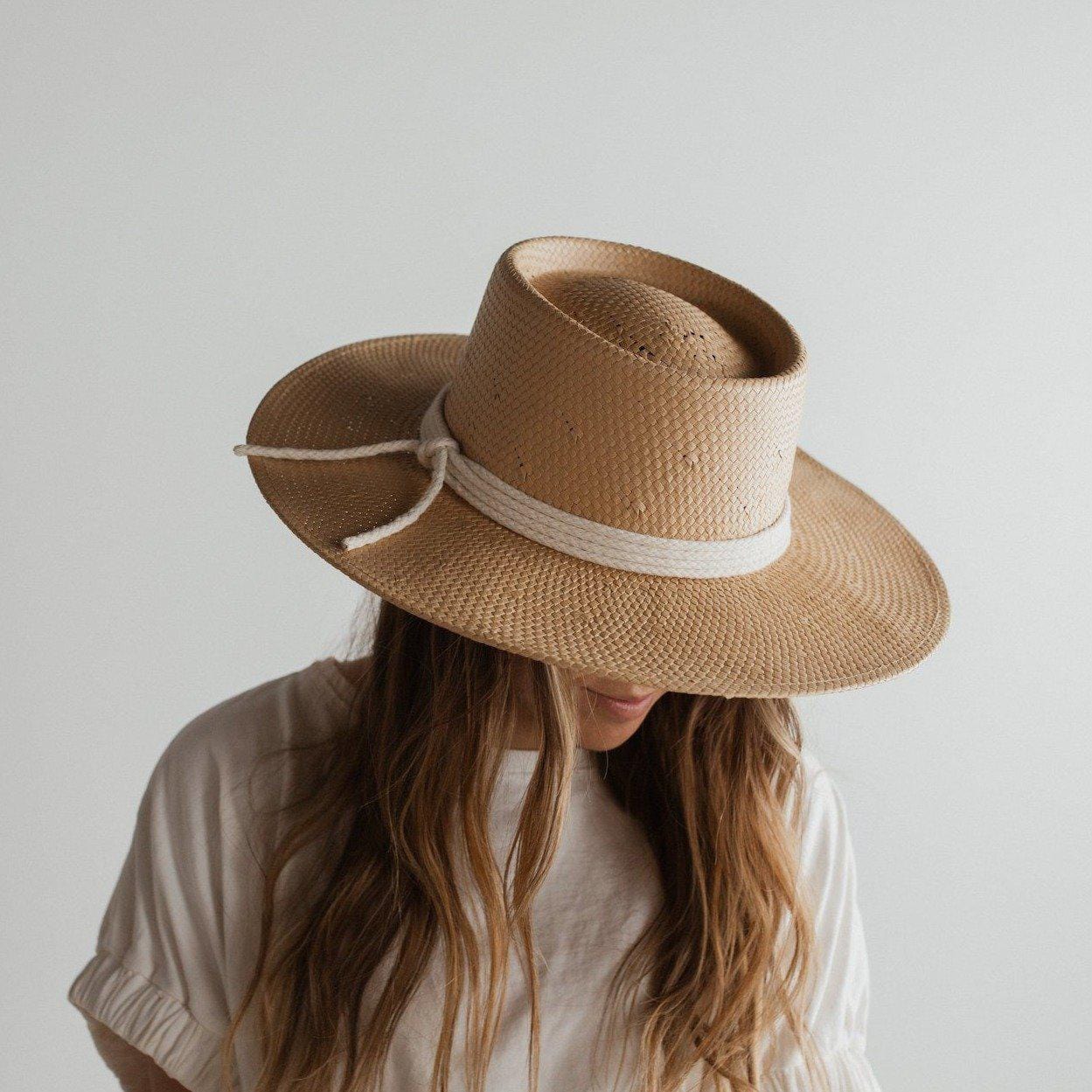 Gigi Pip straw hats for women - Bre Straw Pork Pie - straw hat with a telescope crown and a wide flat brim, featuring a knotted rope band [natural]