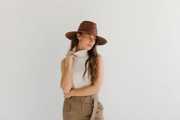 Gigi Pip straw hats for women - Isla Straw Fedora - wide brim straw fedora with an A-line brim and layered with a suede or beaded band [brown]