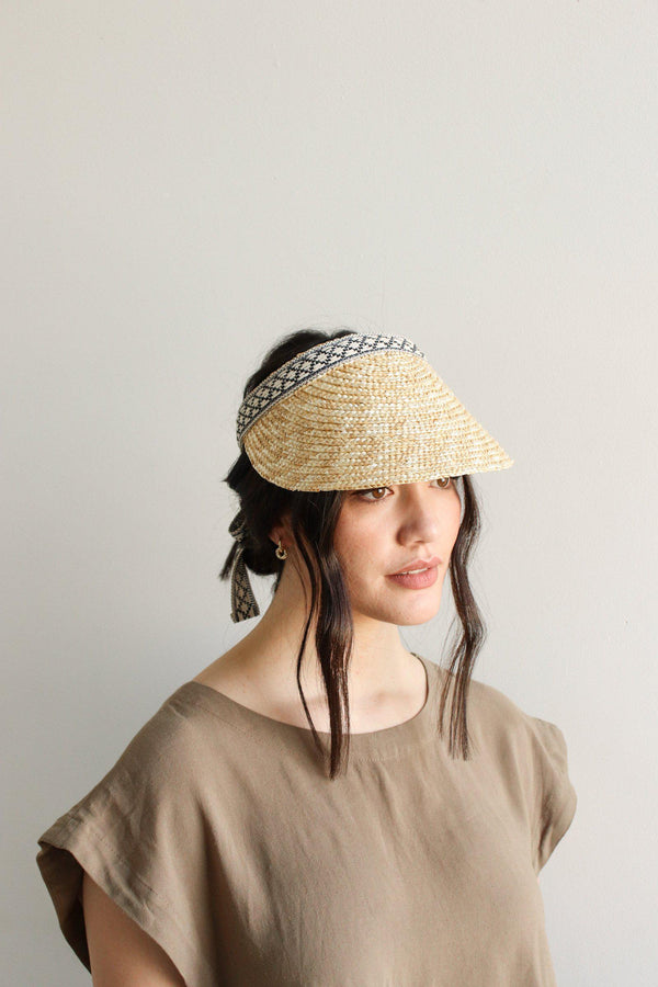 Gigi Pip straw hats for women - Lyric Visor - natural wheat straw visor trimmed with a black and white jacquard ribbon tie [natural]