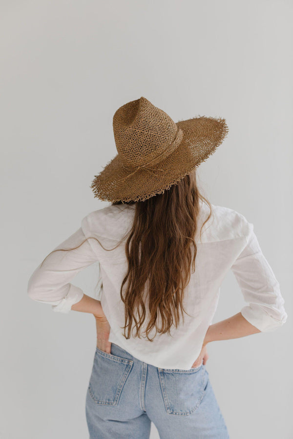 Gigi Pip straw hats for women - Tessa Seagrass Fedora - fedora straw hat with monochromatic braided band, wide brim with frayed edges, handwoven seagrass straw lets just the right amount of sun in while offering plenty of ventilation and sun protection [brown]