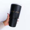 Gigi Pip hat care products - Gigi Pip Tumbler - a 30 oz. stainless steal insulated tumbler with Gigi Pip etched in gold, equipped with a plastic peel-type lid [black]