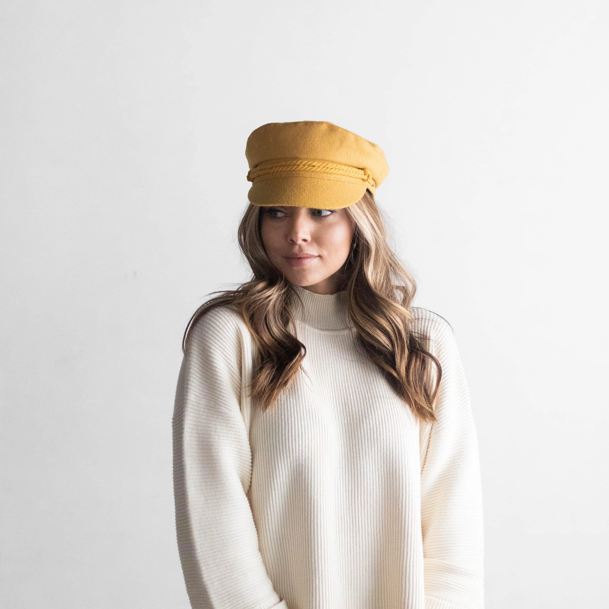 Gigi Pip caps for women - Fisherman Cap - classic fisherman cap with an adjustable inner lining, featuring a braided rope with a branded Gigi Pip bronze pin [mustard]