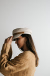 Gigi Pip caps for women - James Felt Cap with Genuine Leather Band - 100% wool cap with polyester lining and an adjustable inner band, with a genuine leather band featuring the Gigi Pip xx stitching above the bill [light grey with camel band]