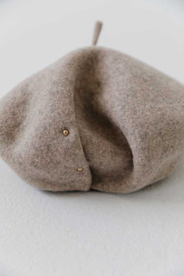 Gigi Pip caps for women - Lola Beret - 100% Australian wool classic beret featuring two metal detail embellishments on the soft fold and an adjustable inner lining [taupe]